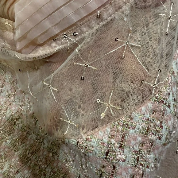 XiuFuShi Blush Tweed Dress Sheer Embroidered Overlay Fully Lined - Picture 7 of 7